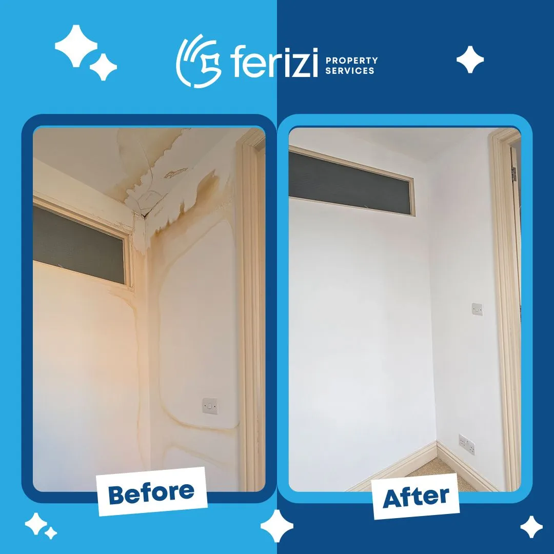 Before and after of a Bloomsbury ceiling and wall repaired after a leak and repainted