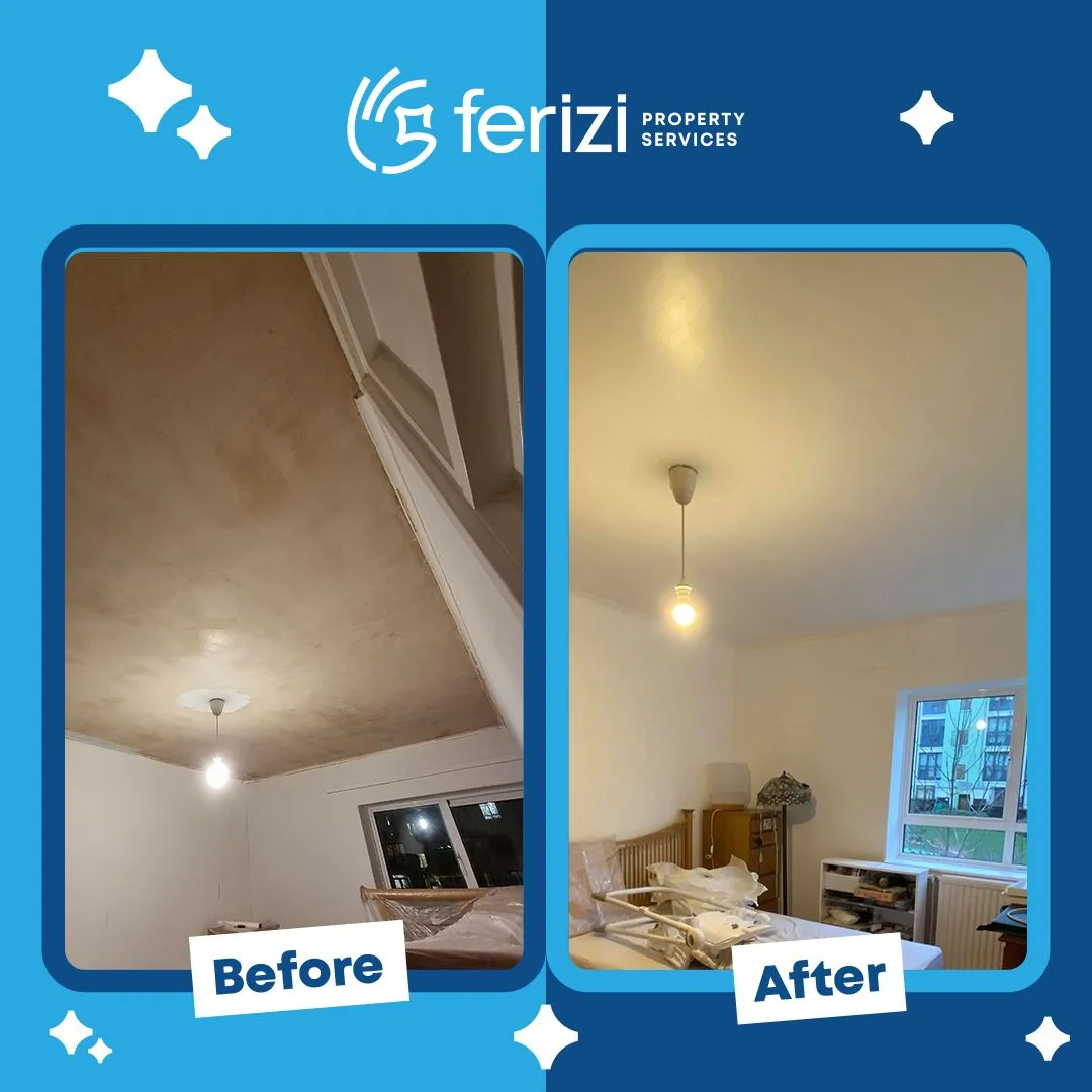Before and after of a Camden bedroom ceiling replastered and repainted by Ferizi