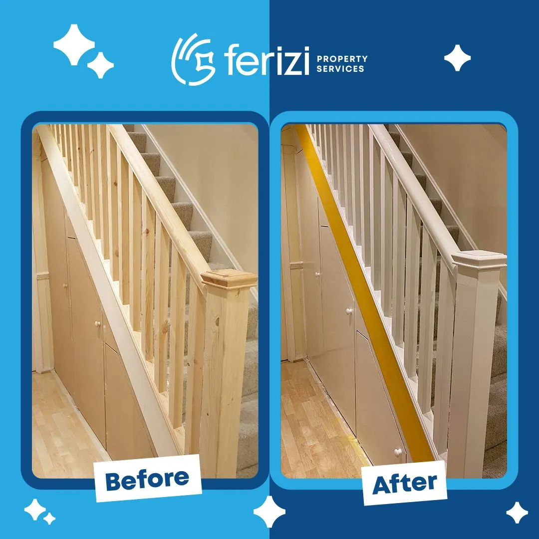 Before and after of an Elephant and Castle hallway, old wallpaper stripped and repainted
