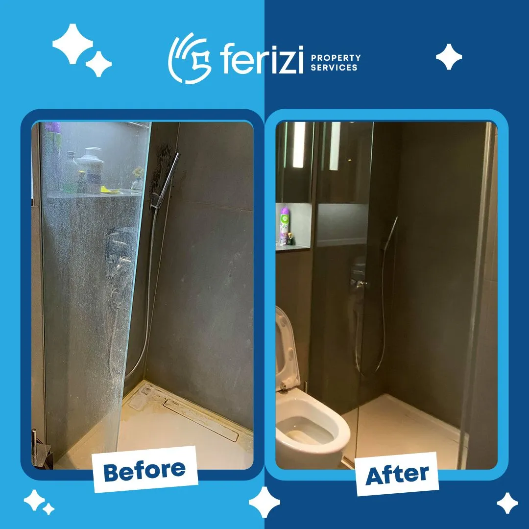 Before and after of a shower enclosure deep cleaned for end of tenancy