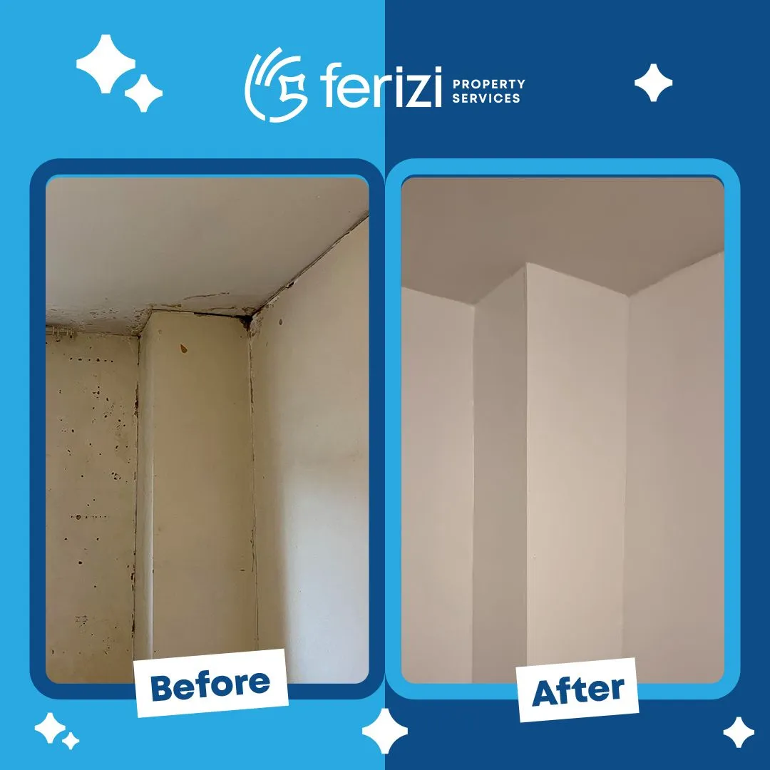 Before and after of a Hackney open-plan living room repainted by Ferizi