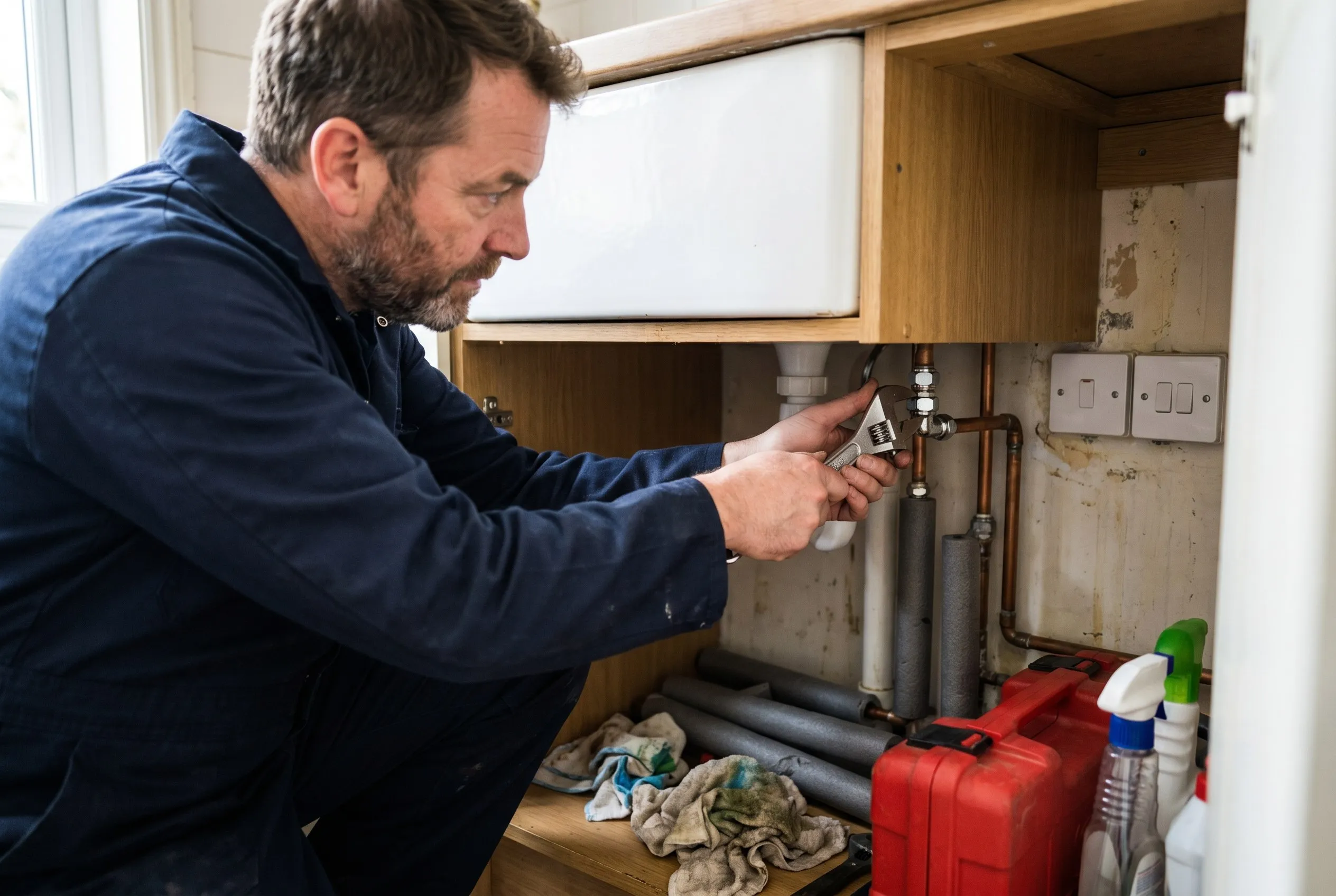 Plumber repairing copper pipe in a London property by Ferizi Property Services