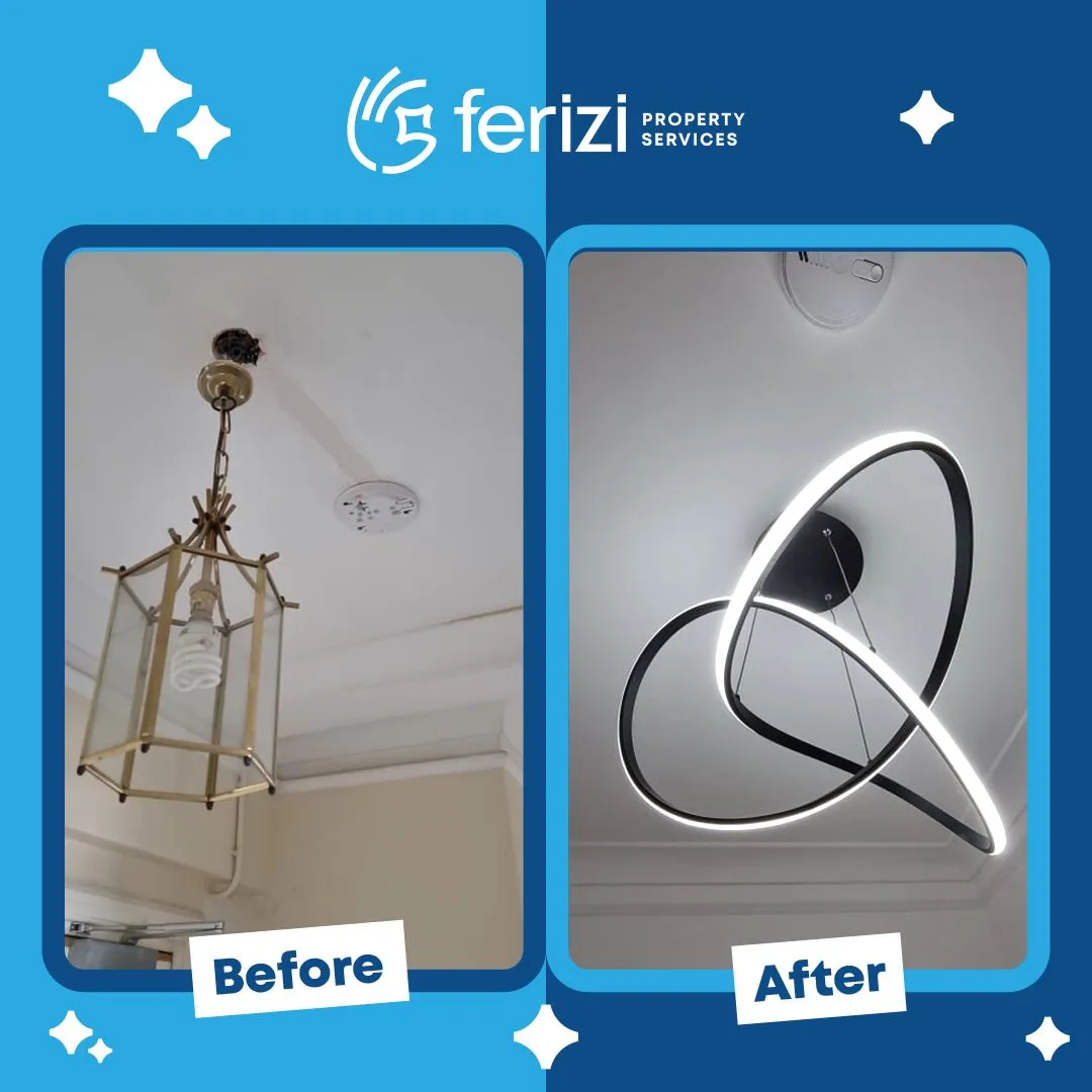 Before and after of a dated brass light replaced with a modern LED fitting near Regent's Park